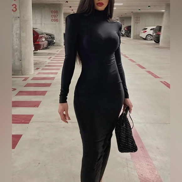 Black Long Sleeve Bodycon Midi Dress - Picture 5 of 9
